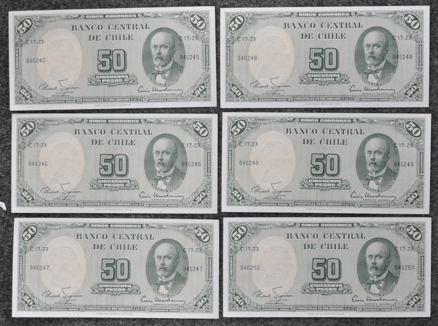 6 Sequential Chile 5 Centesimos on 50 Pesos Notes 846245-250 AU