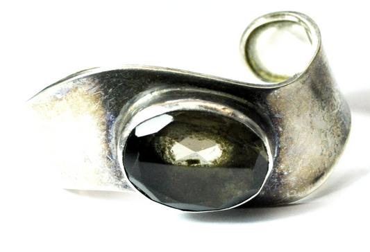 Sterling Silver MA-153 Smoky Quartz Oval Curved Cuff Bracelet 30mm 6.5" Wrist