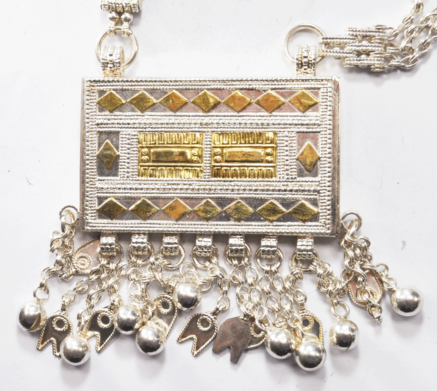 Sterling India Dangle Bead Two Tone Necklace 4" x 4.5" 3 Strand 26" Necklace