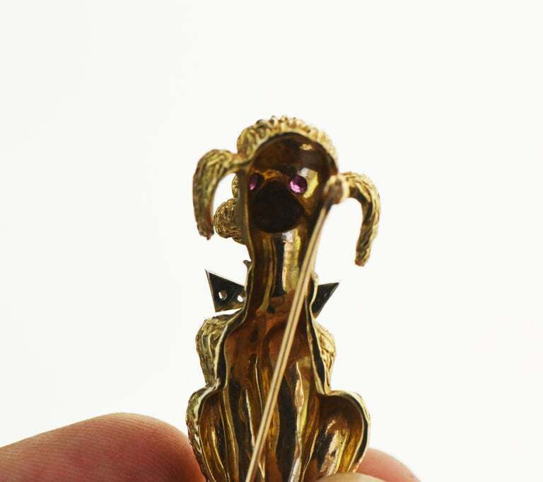 Vintage 14kt Yellow Gold Poodle Pin Pendant with Ruby Eyes and Diamond Bowtie