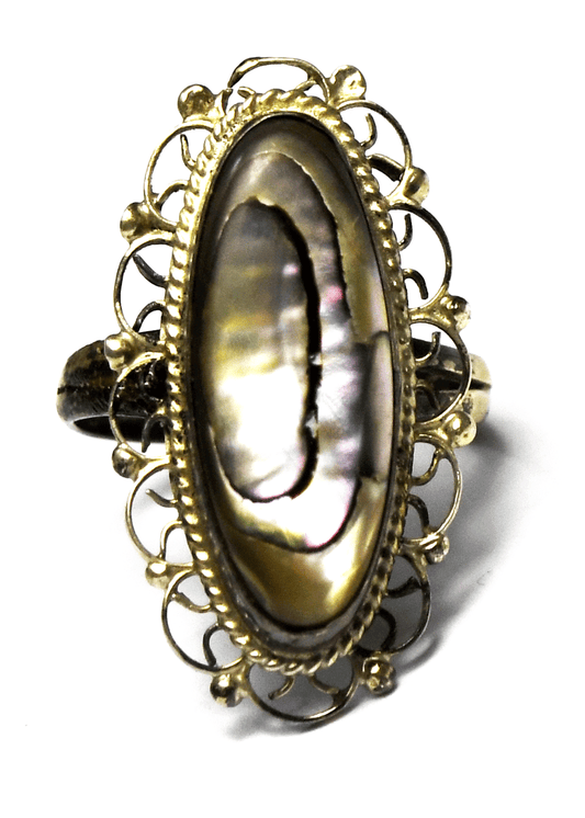 Sterling Silver Mexico Oval Abalone Filigree Ring 27mm Size 6