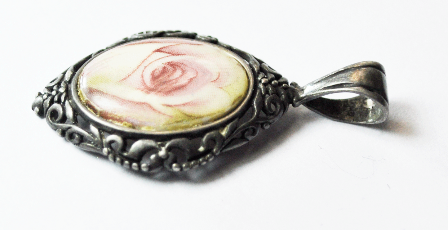 Sterling Silver Pink Rose Print Oval Filigree Pendant 1.5"