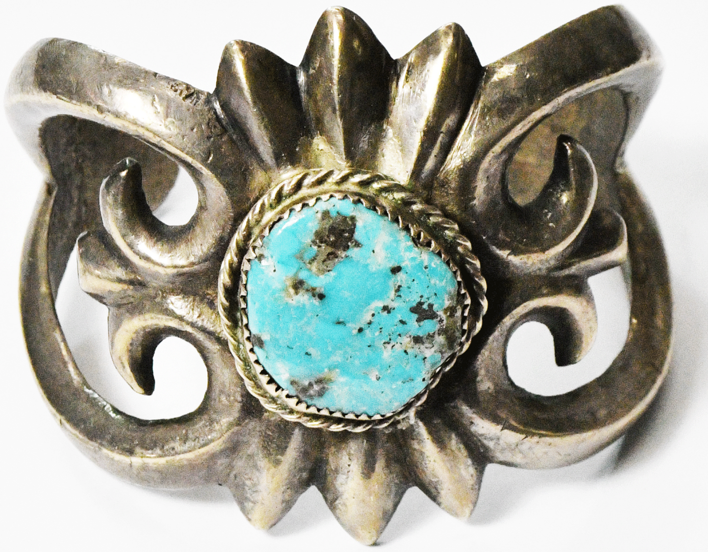 Antique Sterling Sand Cast Spiked Edge Turquoise Scroll Cuff Bracelet 52mm