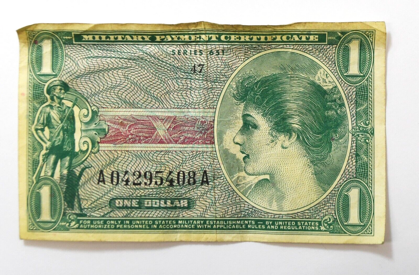 United States Military Payment Certificate $1 Dollar Note A04295408A Series 651