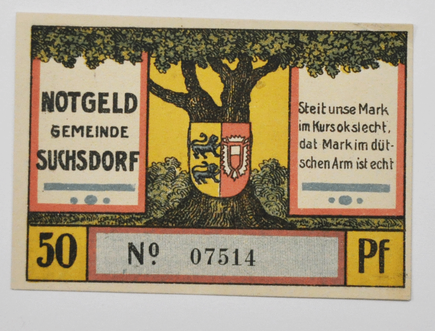 1921 Germany 50 Pfennig Notgeld Suchsdorf 07514 Uncirculated Note