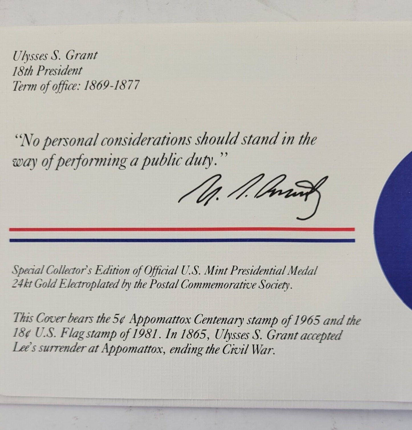 Ulysses Grant Presidential Covers Medal Postal Commemorative Society Gold Plated