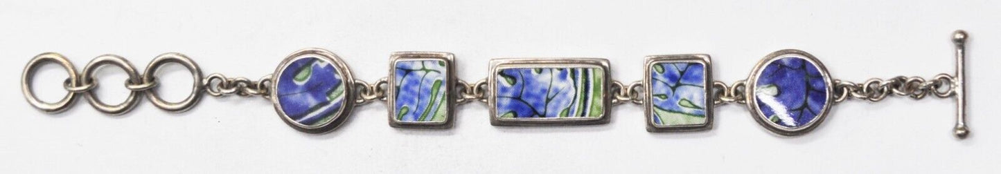Sterling Silver Pointillism Leaf Floral Sky Toggle Bracelet 20mm 8-3/4"
