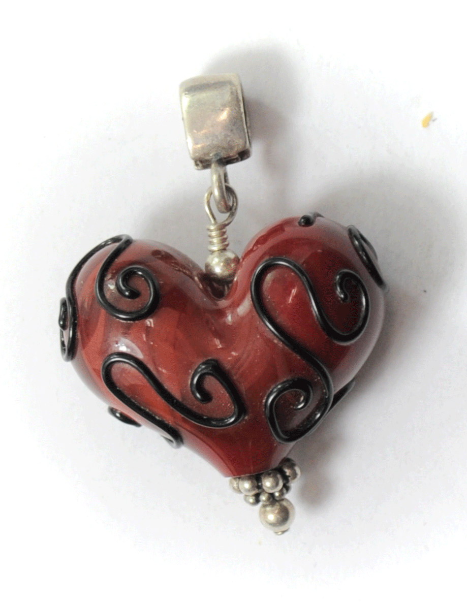 Sterling Silver SK Red Murano Glass Heart Black Swirl SK925 28mm x 42mm