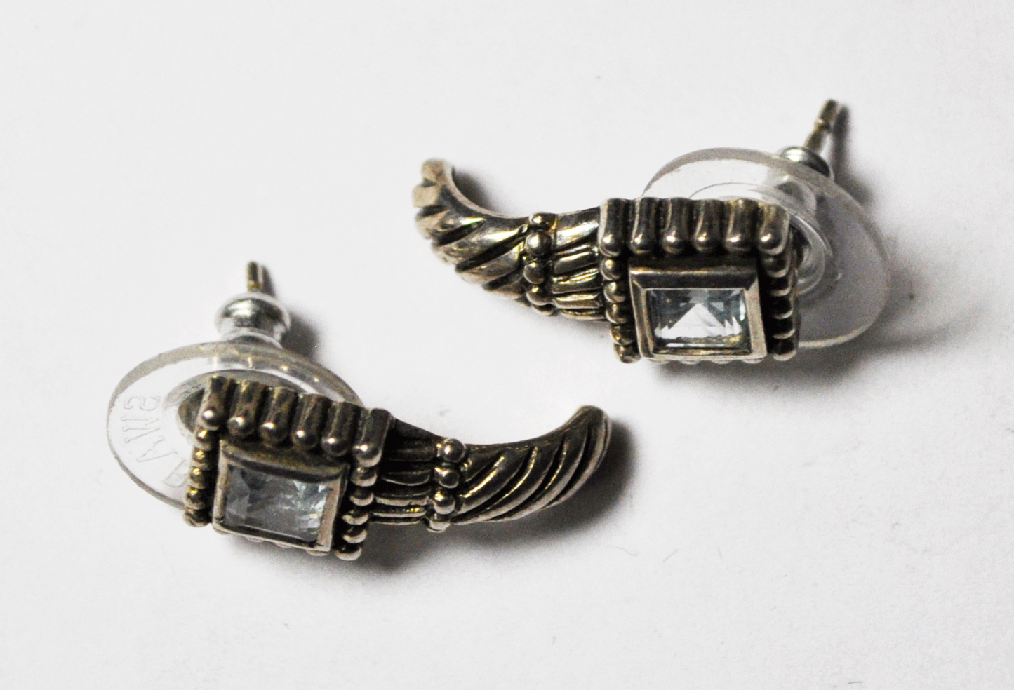 Sterling Silver Square Topaz LJ Curved Pierced Earrings 3/4"