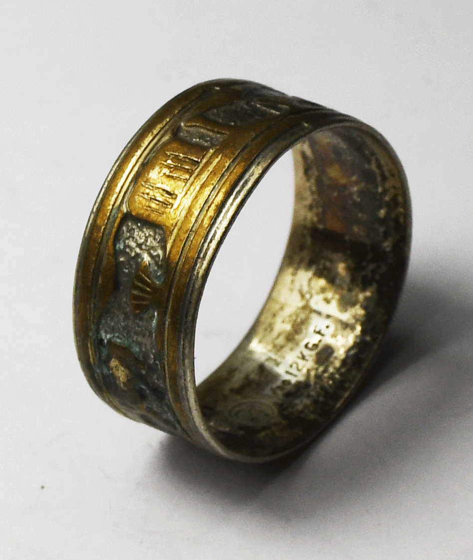 Sterling Silver Signed OP Gold Filled Story Teller Ring 10mm Band Size 12