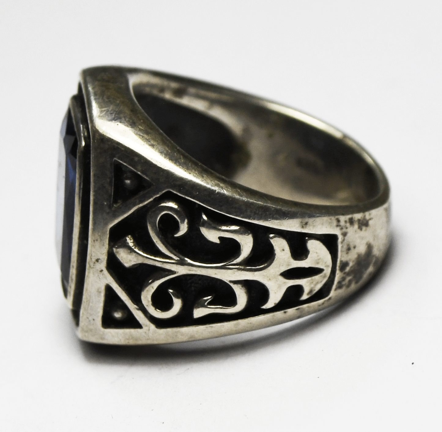 Sterling Stauer Blue Fire Helenite St Helens Obsidian Filigree Ring 20mm Size 9