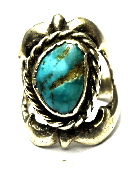Vintage Sterling Silver Sand Cast Turquoise Ring 26mm Size 6-1/2