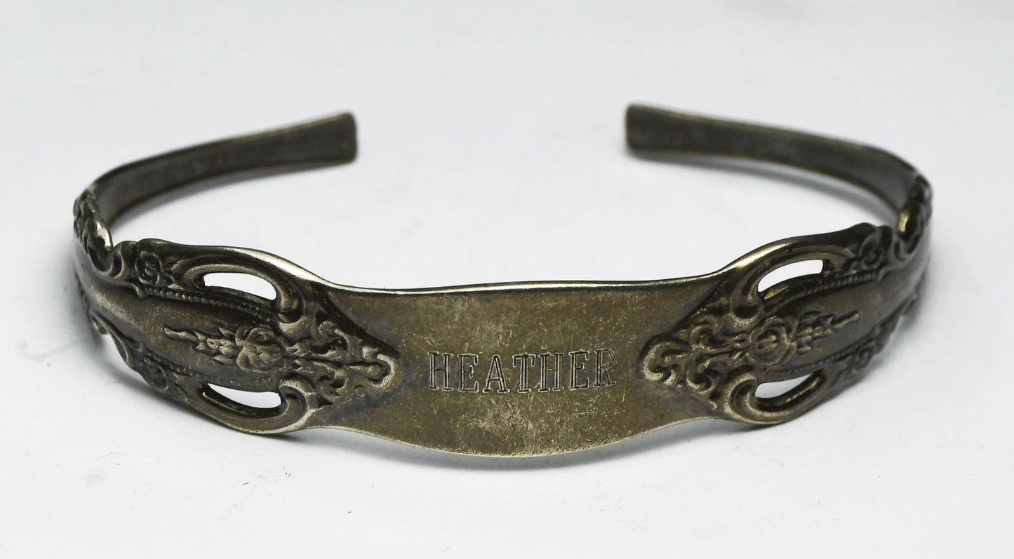 Sterling Oneida Rose Flower Cuff Bracelet Monogrammed Heather 13mm 6.5" Wrist