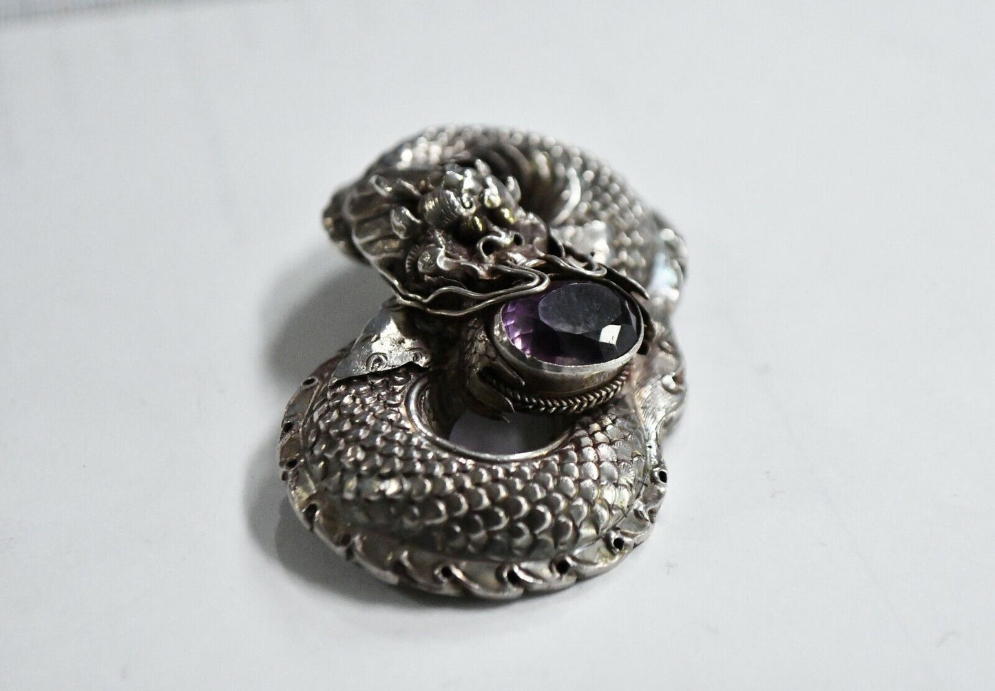 Vintage Sterling Silver & 8ct. Amethyst Oriental Dragon Pendant Nepal 2 3/4"
