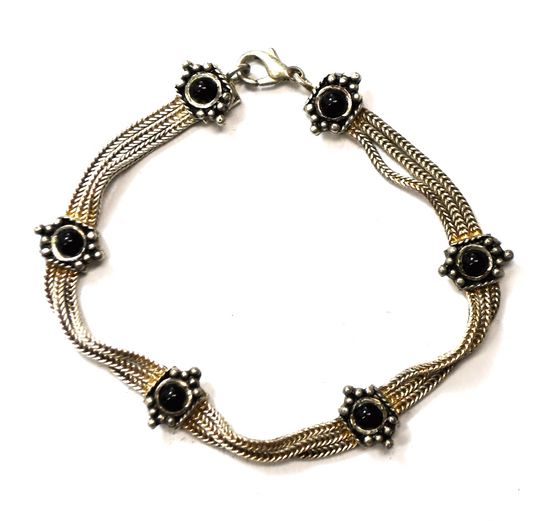 Sterling Silver HUNKAR 3 Strand Onyx Bracelet 11mm 7"  14g