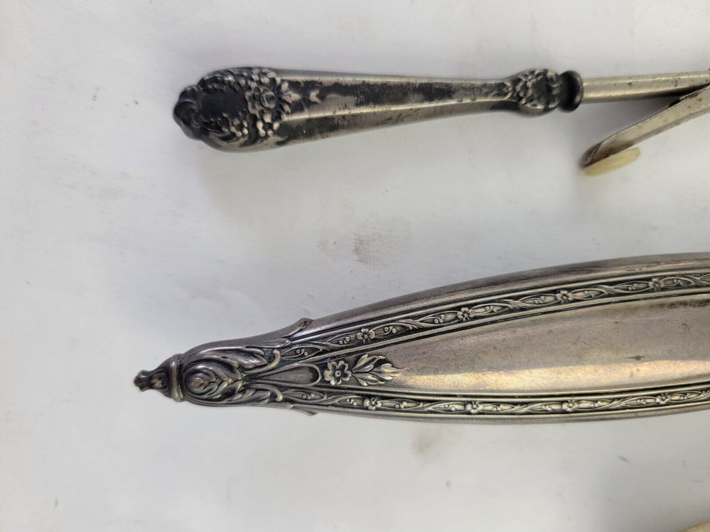 Victorian Sterling Repousse 5 Piece Vanity Set Mirror scissors Nail Buffer