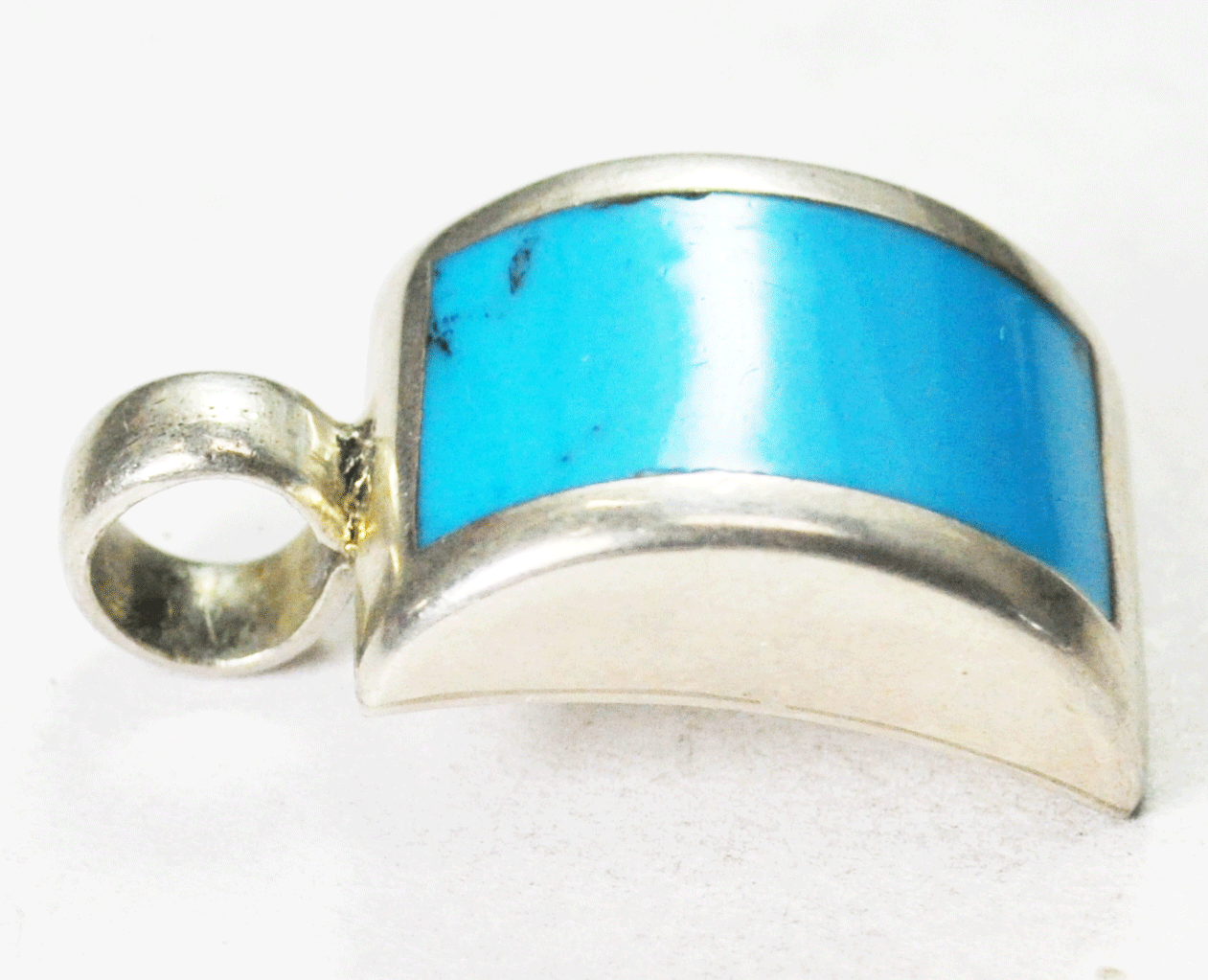 Sterling Silver Mexico Domed Convex Dyed Howlite Turquoise Pendant 21 x 37mm