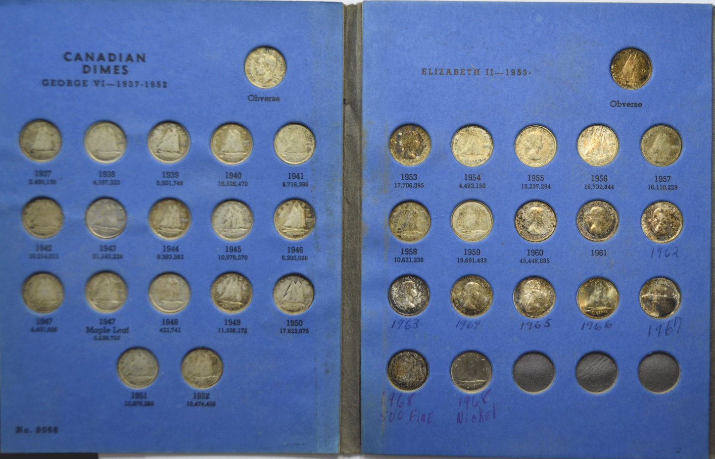 1937-68 Canada Silver Ten Cents Dime Set in Book 36 No Duplicated
