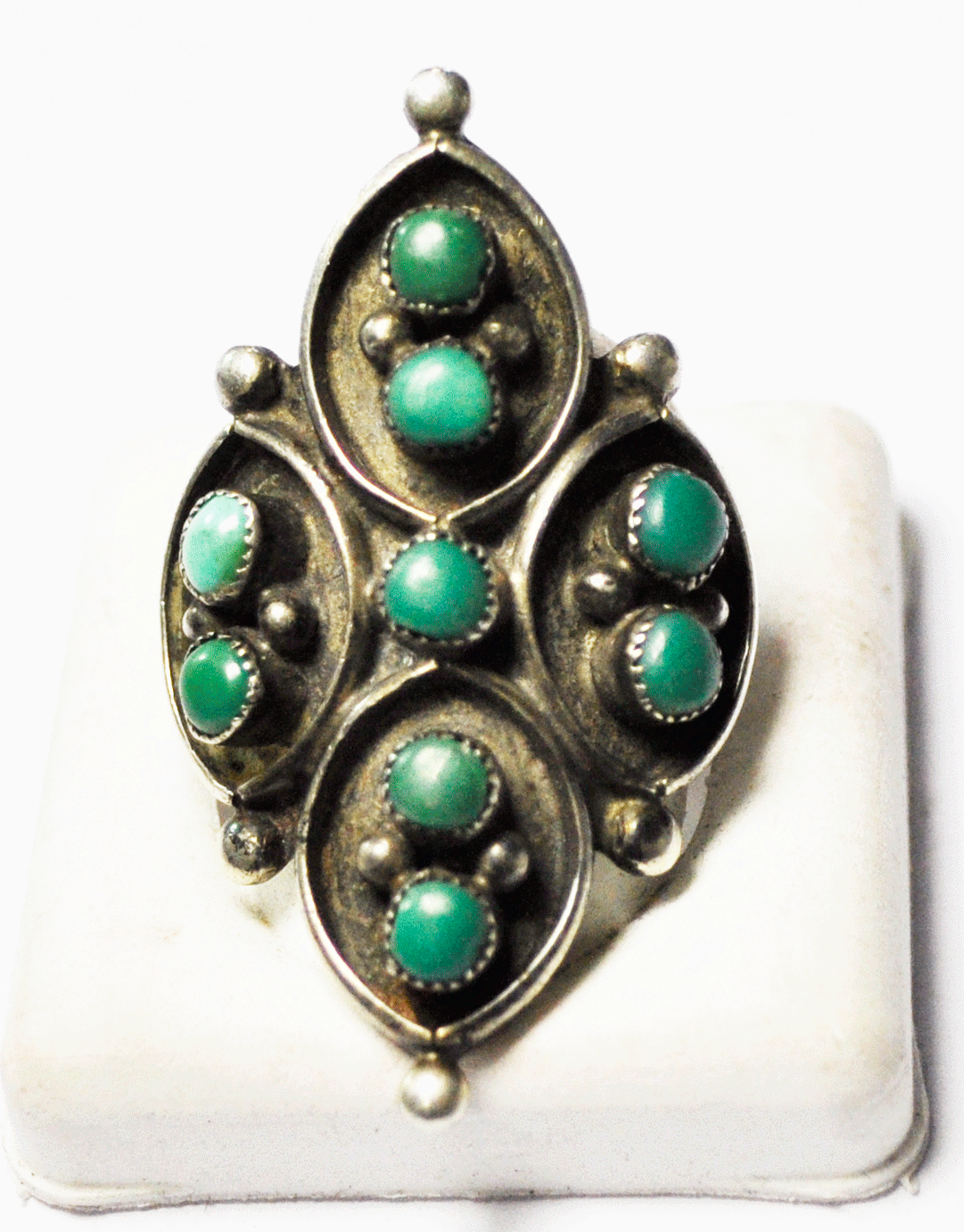 Antique Sterling Silver Turquoise Round Cluster Elongated Scale Ring Size 7