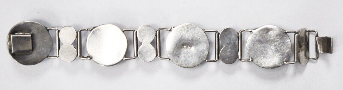 Mexico Silver Round Domed Green Jade 26mm Toggle 7-3/4" Bracelet 68g
