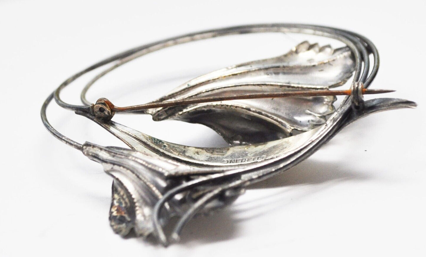 Sterling Silver Floral Garden Leaf Round Brooch Pin 3-3/8"