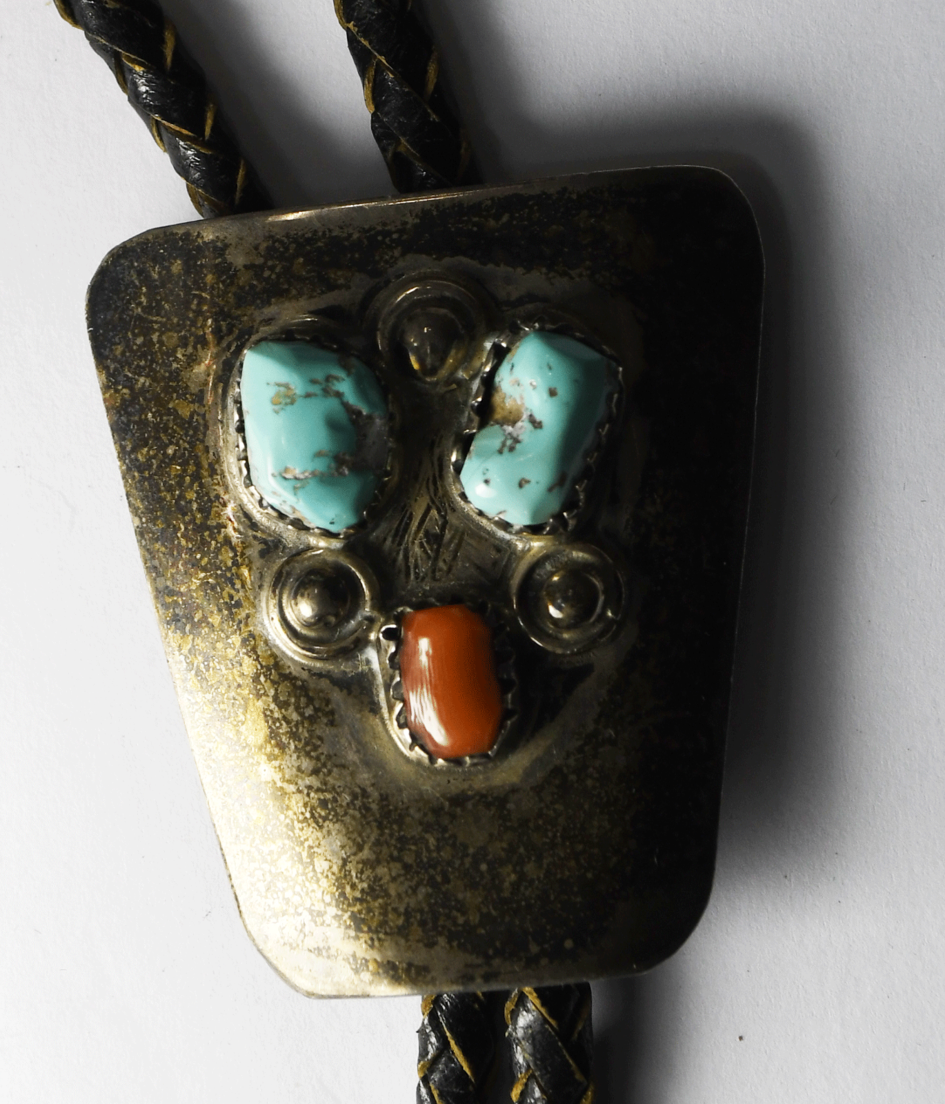 900 Fine 44x39mm Silver Coral Turquoise Bolo Tie 18"