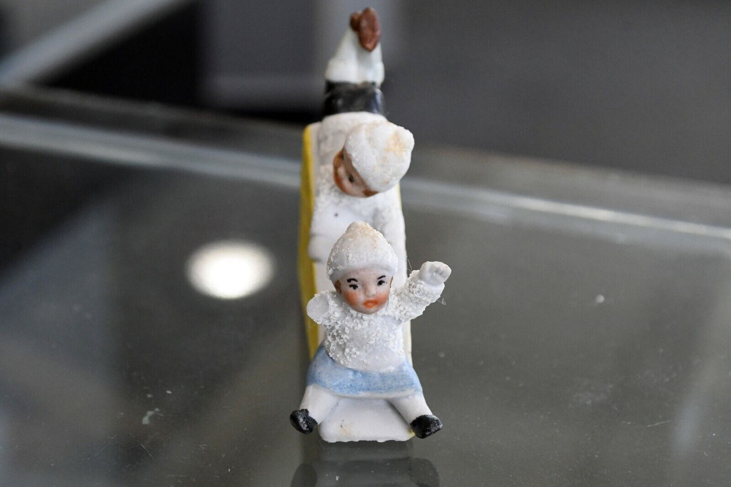 Porcelain German Bisque Figure Children Sliding 2 3/4" x 2 1/4" Winter