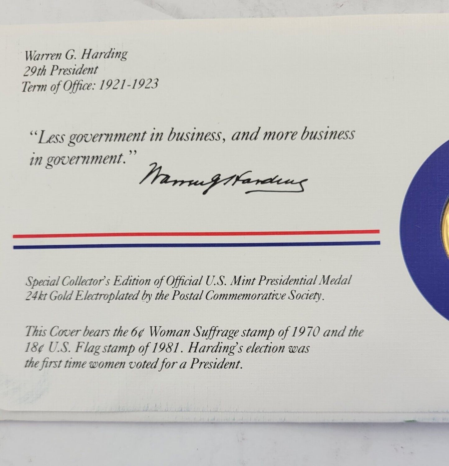 Warren Harding Presidential Covers Medal Postal Commemorative Society Gold Plate