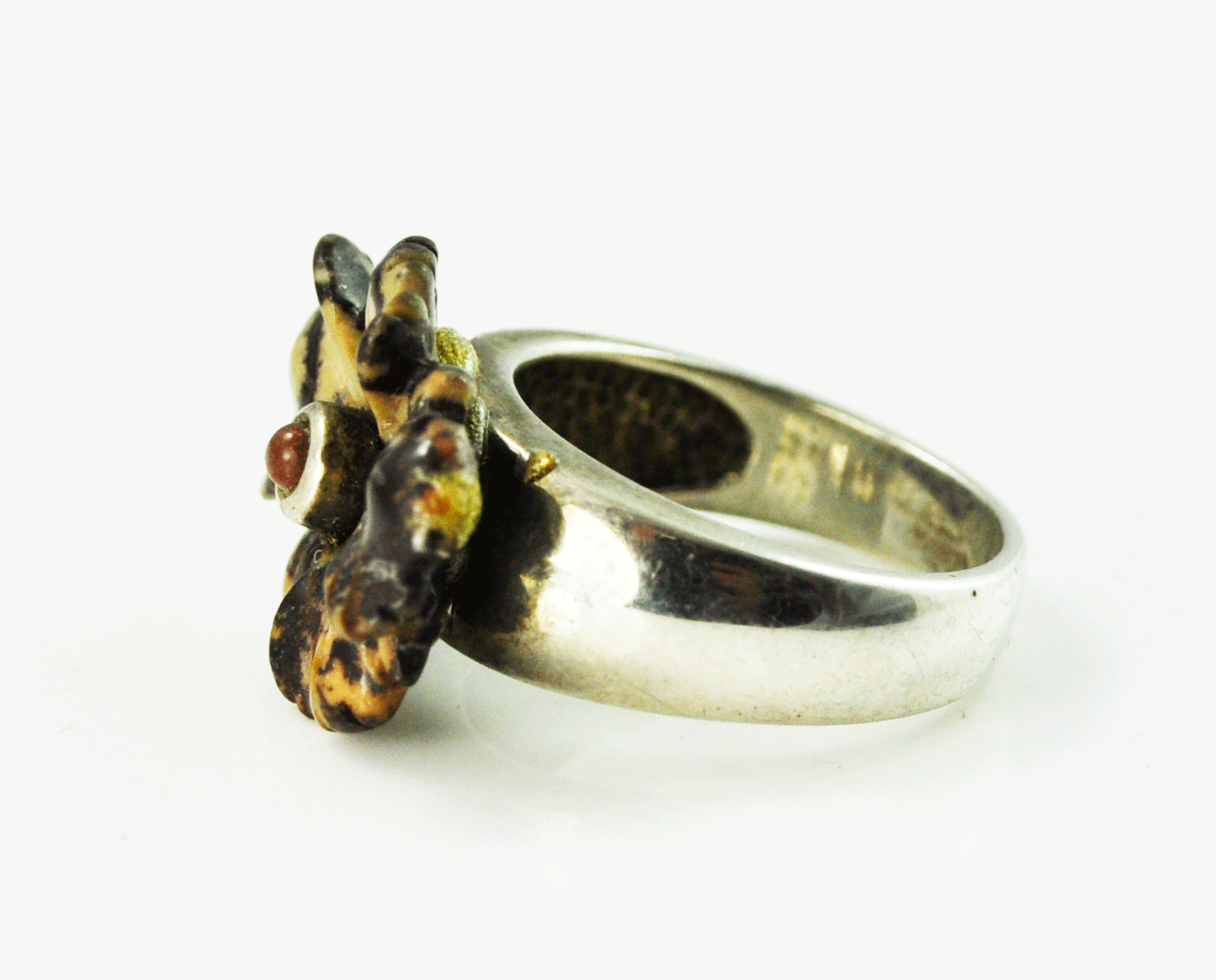 Sterling Silver Carved Feather Jasper Flower Obsidian Inlay Center 15mm Size 6.5