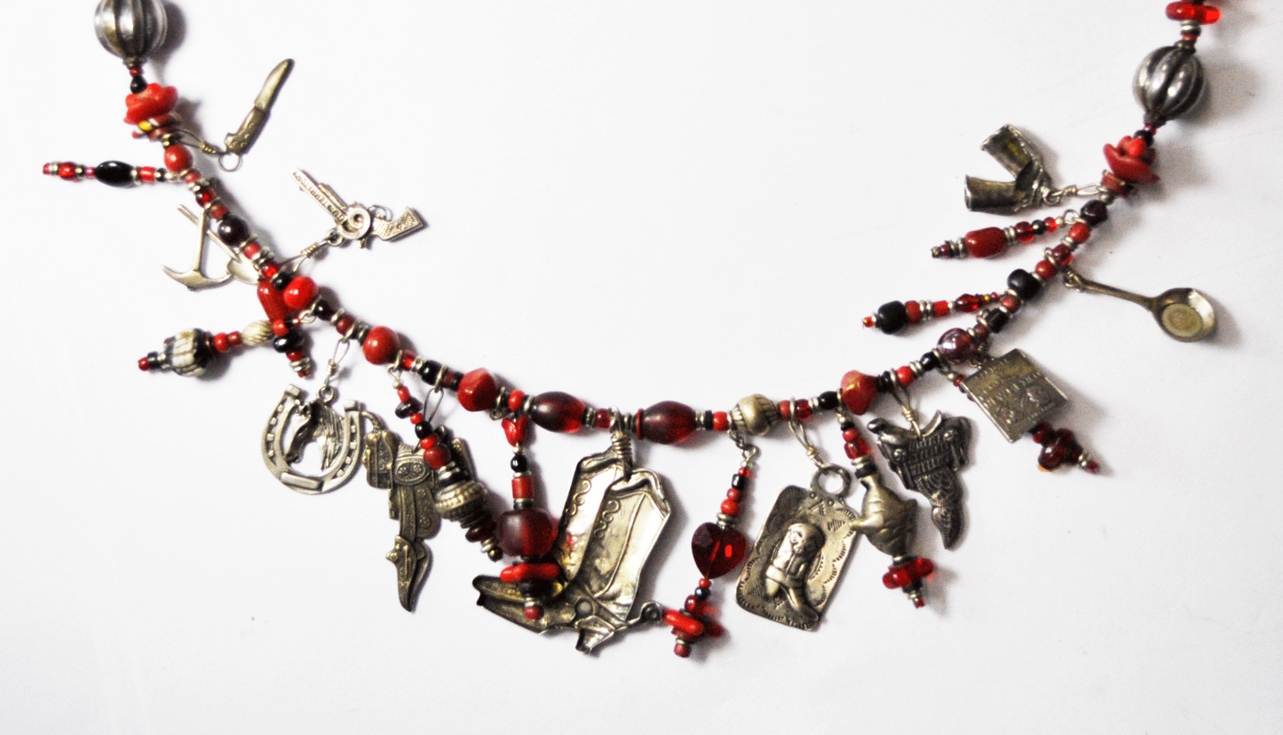 Sterling Silver Red Bead Southwest 2" Charm Necklace 23.5" Boots Pistol Saddle