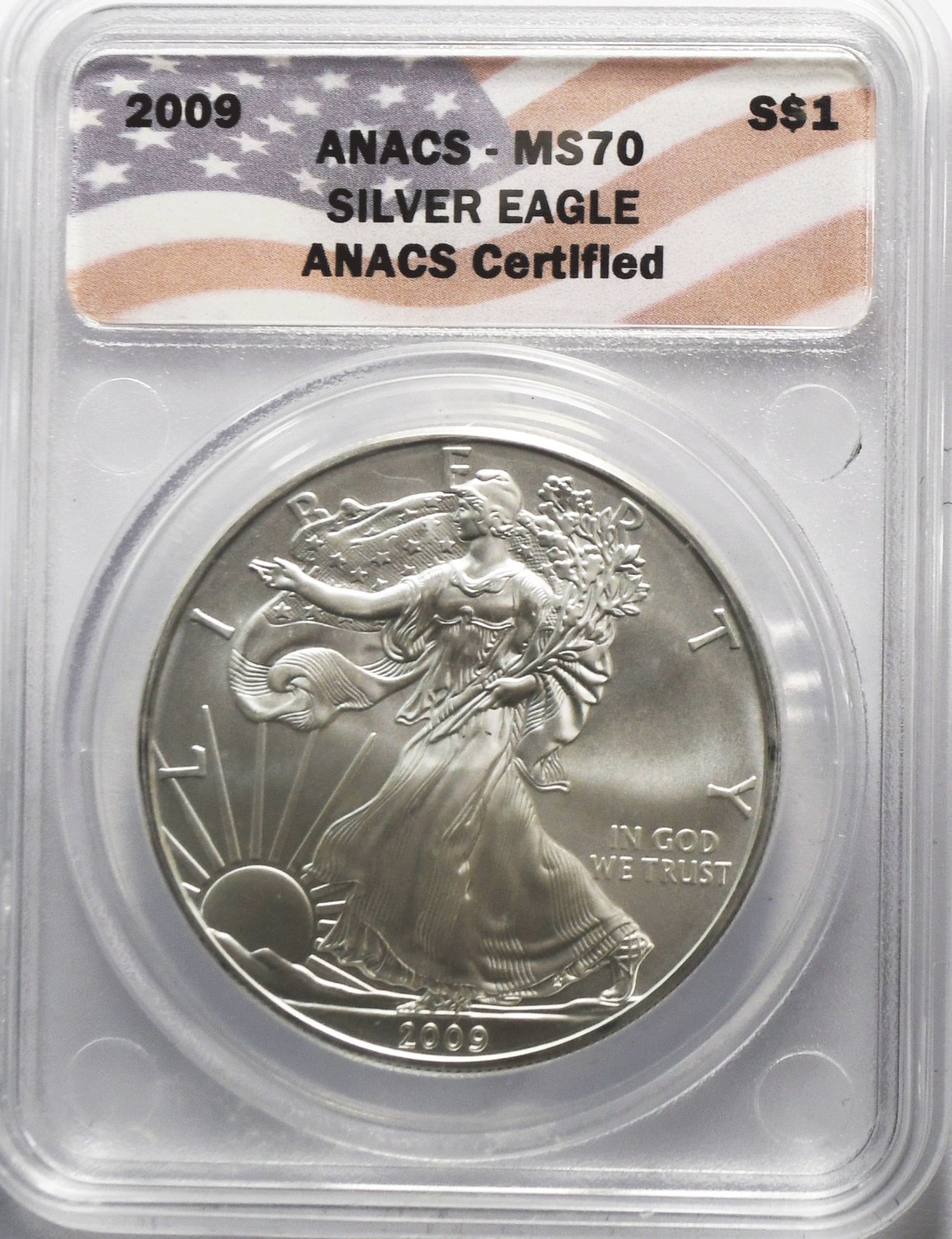 2009 $1 American Silver Eagle .999 Fine Silver One Ounce ANACS MS70 Flag Holder