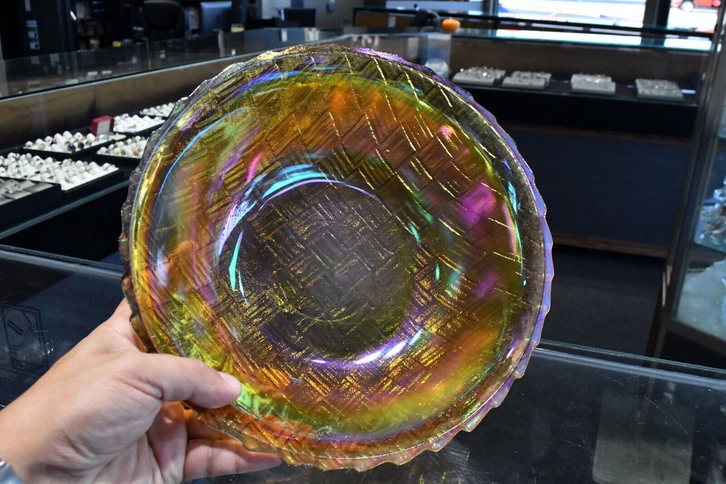 Carnival Glass Basket Weave Design Iridescent Centerpiece Bowl 8 3/4" x 3 3/4"