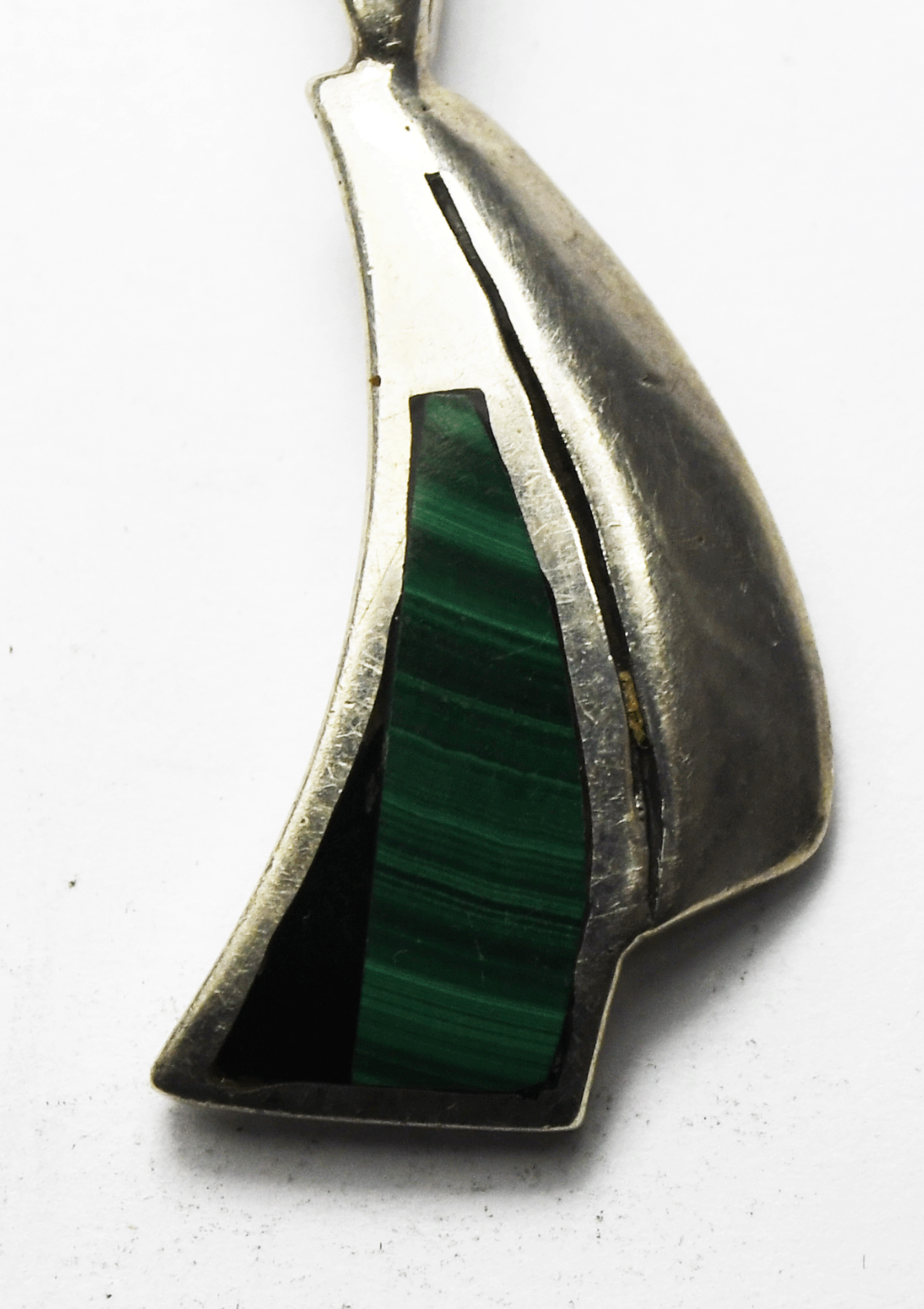 Sterling Jaxon Malachite & Onyx Green Inlay Triangular Pendant Etched 1.5"
