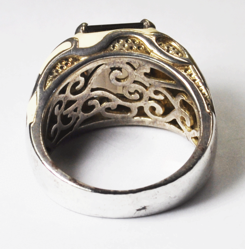 Sterling Silver Smoky Quartz Ivory Enamel Scroll Vine Ring 15mm Size 10