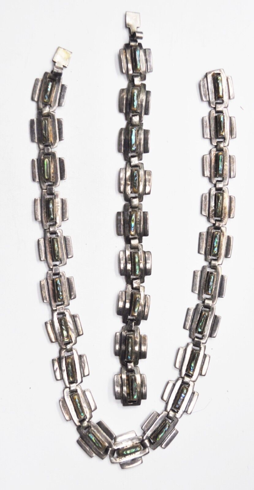 Sterling Silver Taxco JC Abalone Stripe 7" Bracelet & 15.5" Necklace 15mm