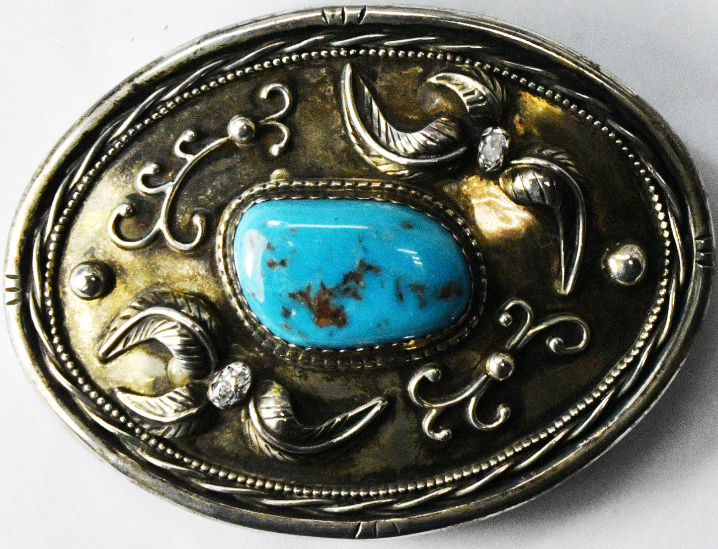 Sterling Silver Signed SS Turquoise CZ Belt Buckle 3-5/8" x 2-3/4" 55mm Belt