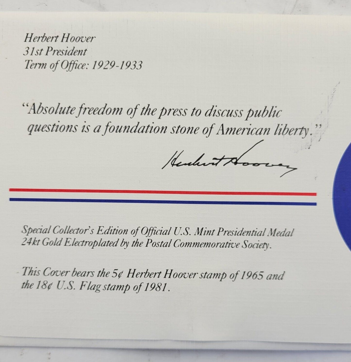 Herbert Hoover Presidential Covers Medal Postal Commemorative Society Gold Plate