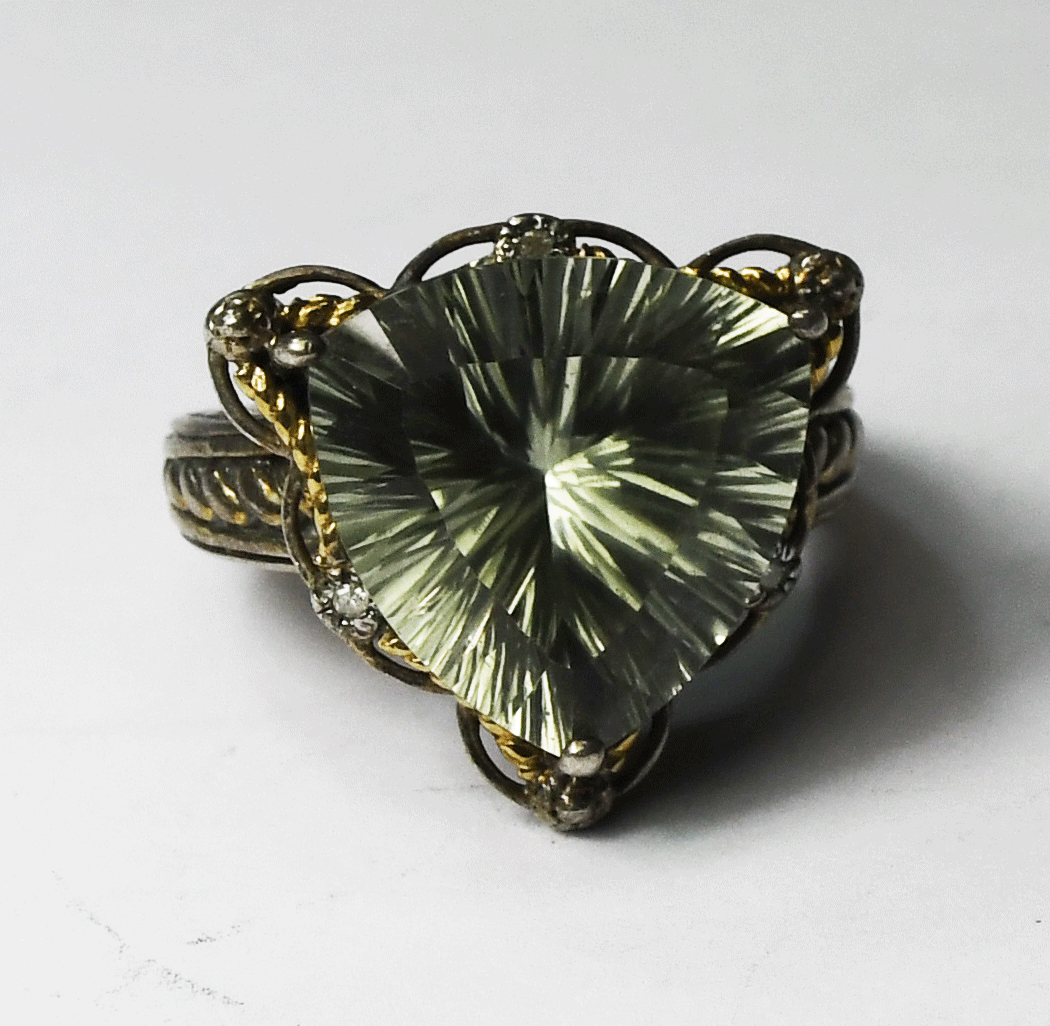Sterling Silver Signed OM 14k Prasiolite Triangle Ring 18mm Size 6