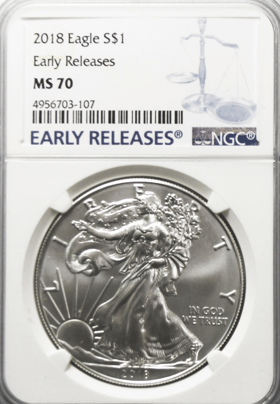2018 $1 American Silver Eagle .999 Fine Silver One Ounce NGC MS70 ER