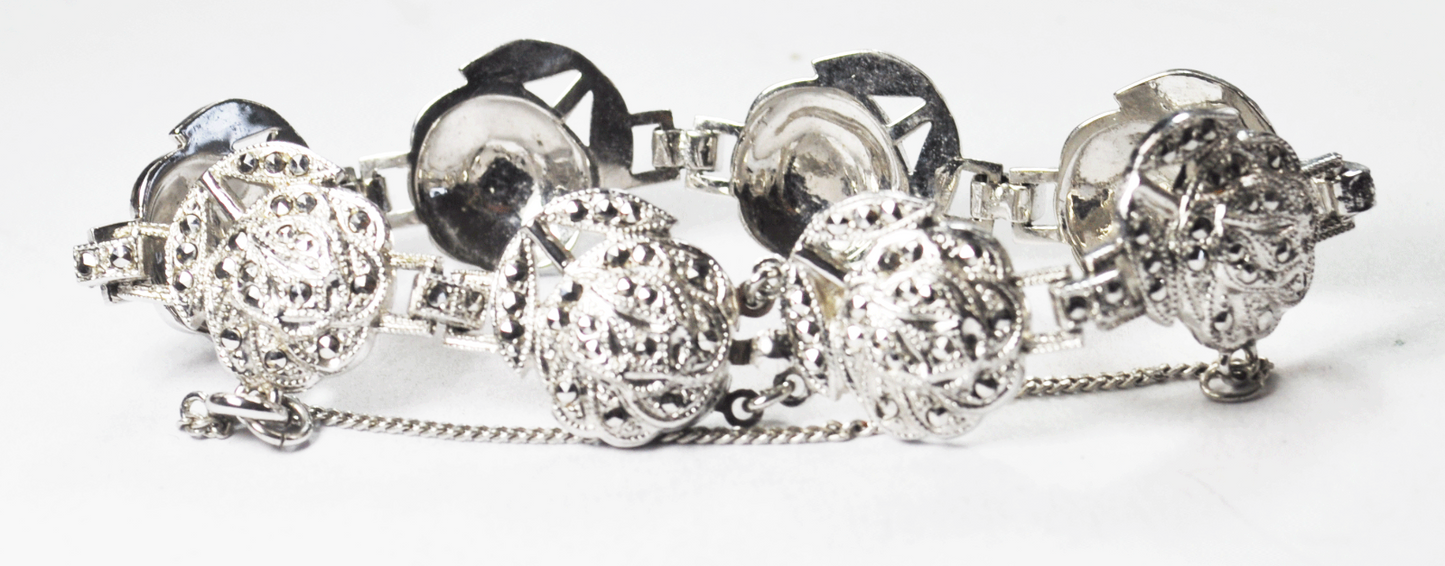 Sterling Silver Theda Marcasite Flower Link 16mm 7" Safety Chain Bracelet