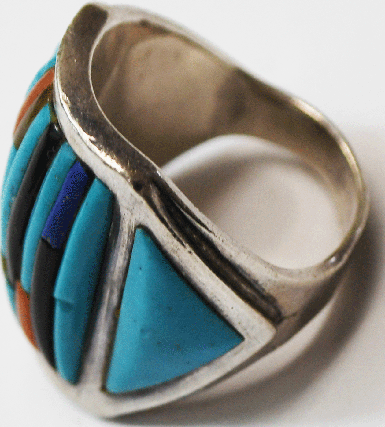 Sterling Turquoise Coral Raised Cobblestone Inlay Striped Ring 28mm Size 9-1/2