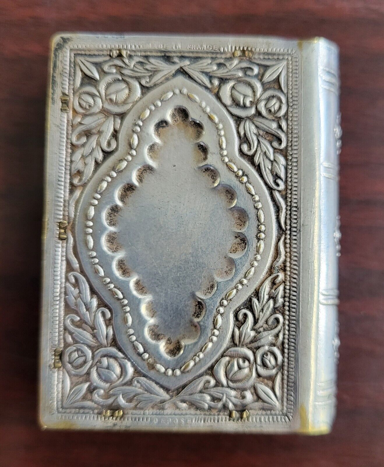 Vintage Depose Blessed Mother France Mary Silver Plated Book Pill Box 2"
