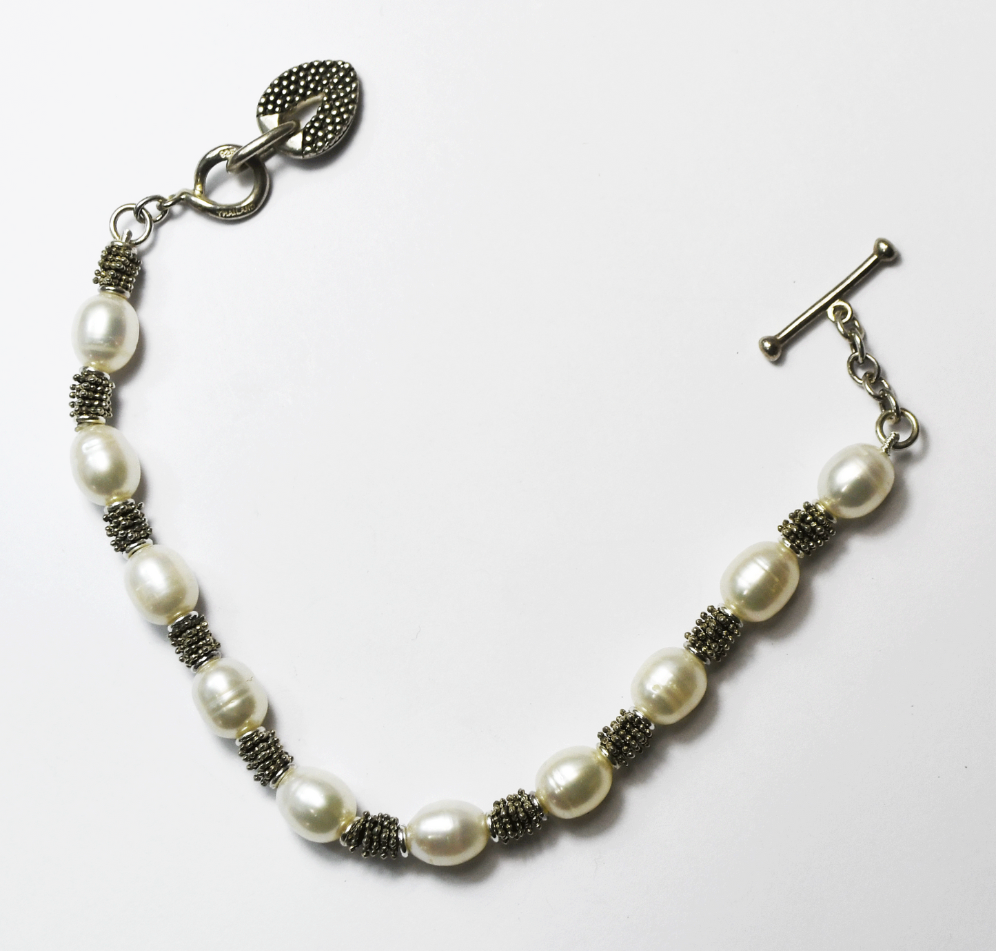 Sterling Silver Oval Pearl Beaded Toggle Bracelet Teardrop Ring 8mm 8.25" 22g