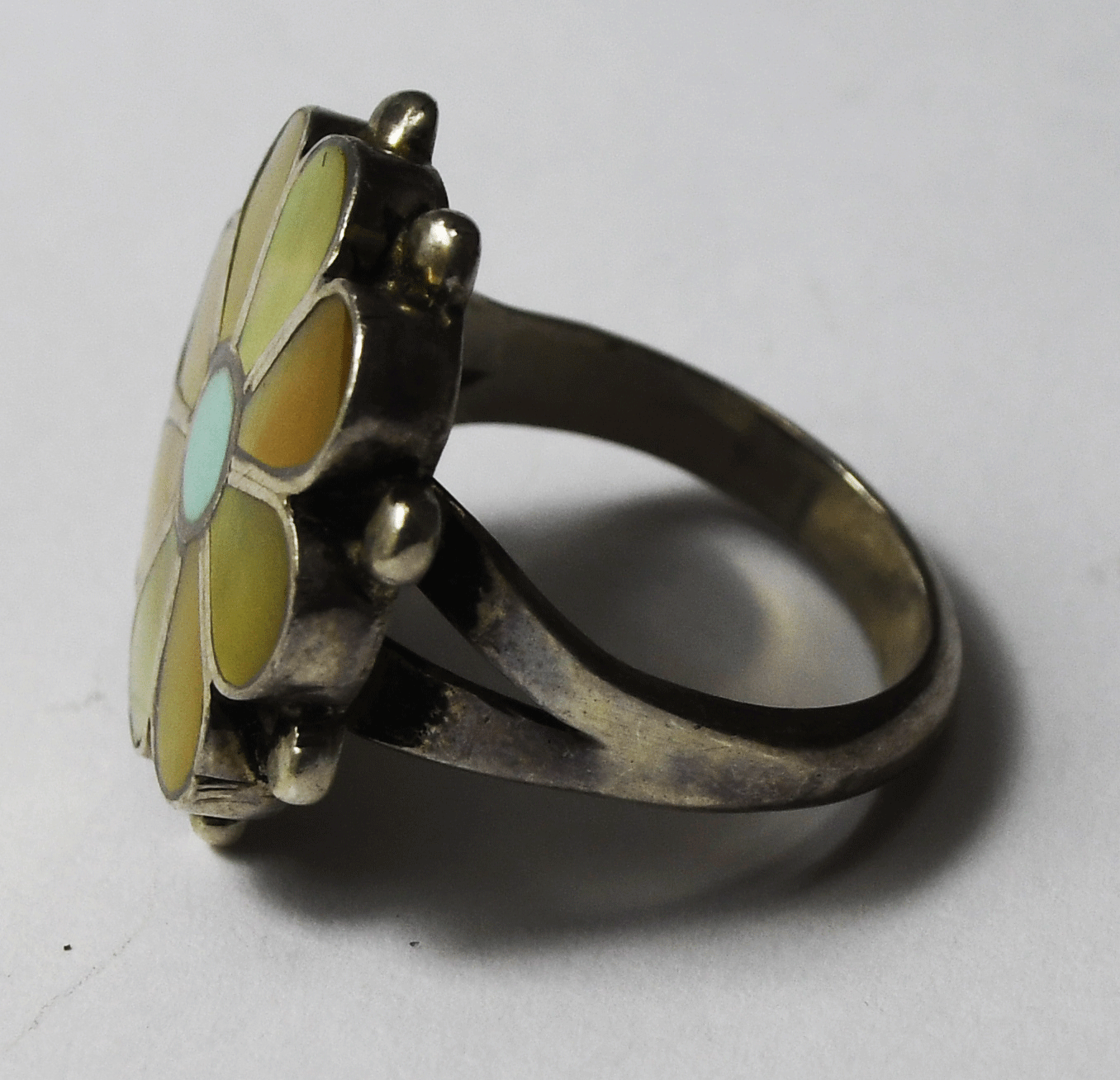 Sterling Silver Fleur Des Lis Signed MOP Inlay Flower Ring 21mm Size 8