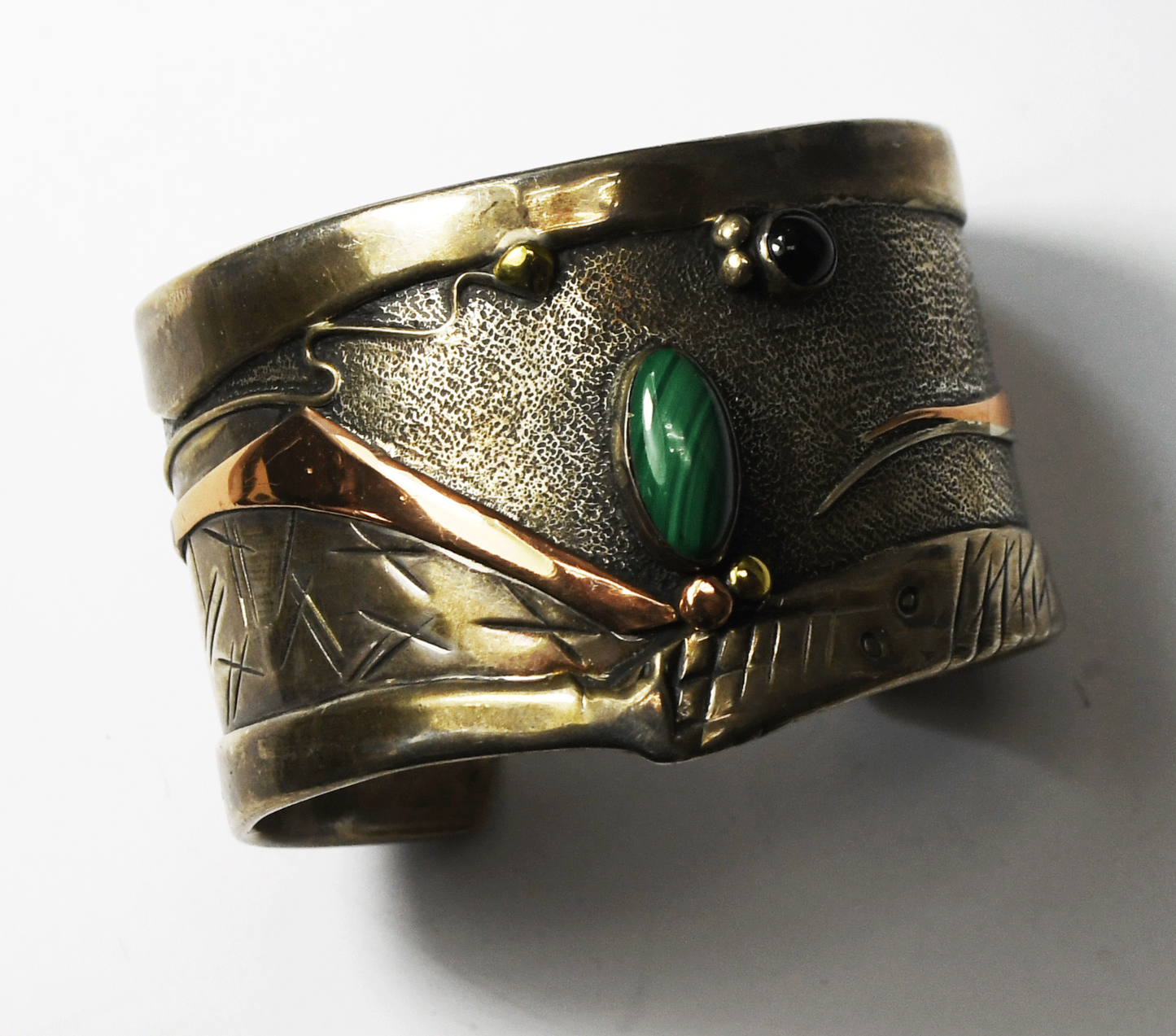 Sterling Silver Two Tone Malachite Onyx Wide Cuff Bracelet 39mm 6.25" Wrist