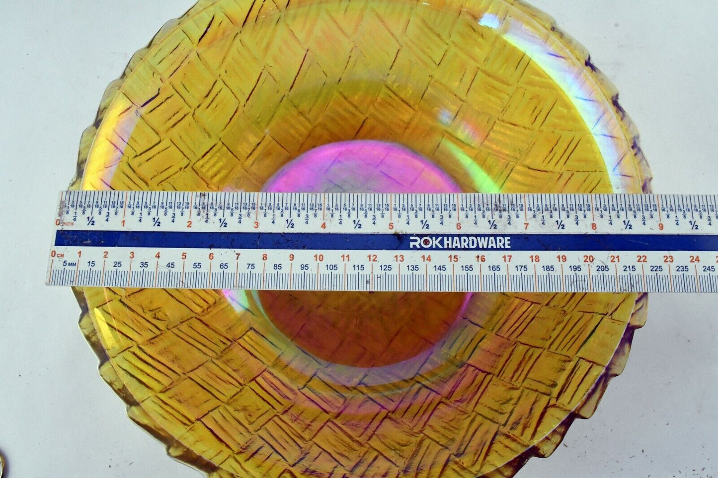 Carnival Glass Basket Weave Design Iridescent Centerpiece Bowl 8 3/4" x 3 3/4"
