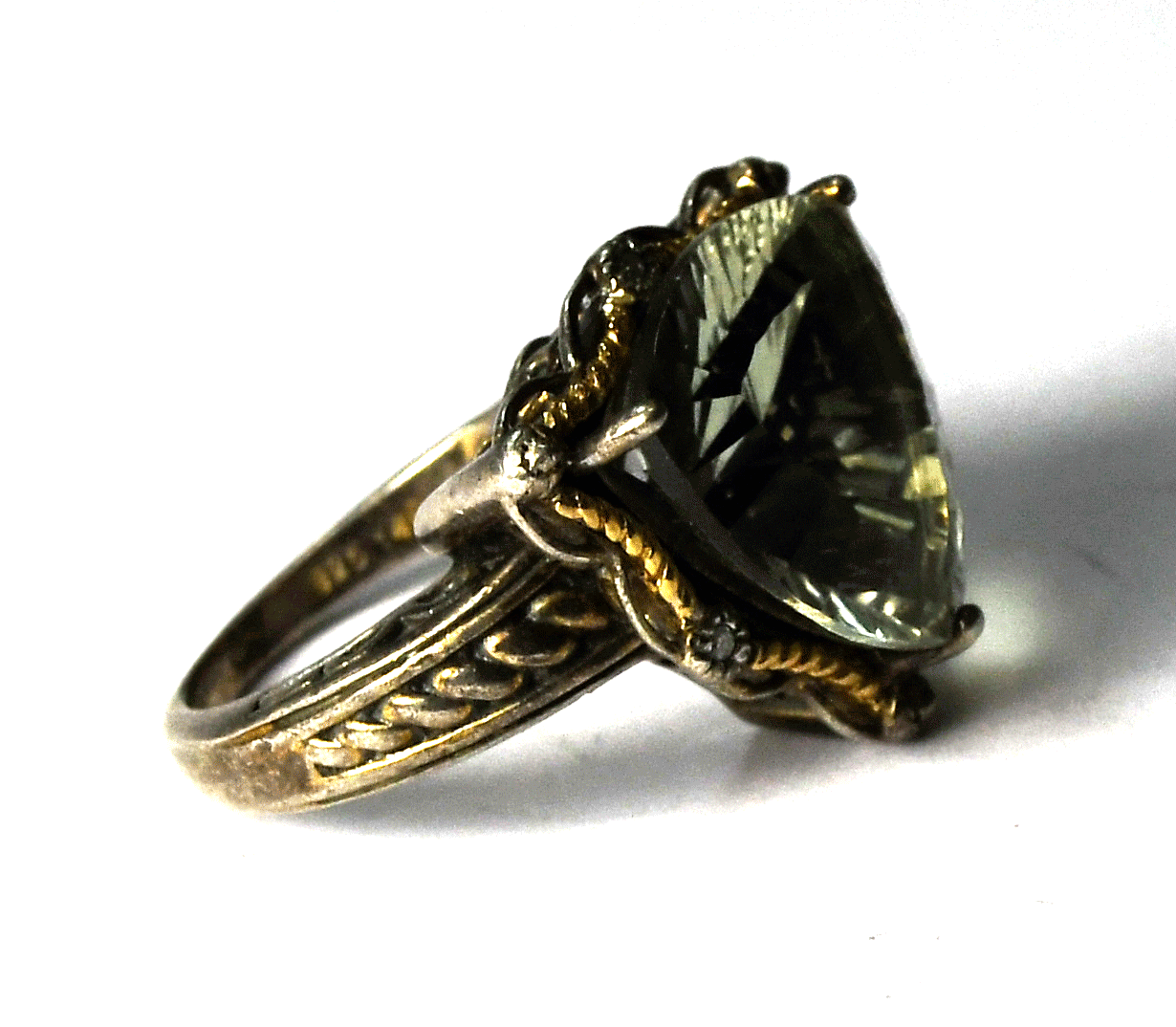 Sterling Silver Signed OM 14k Prasiolite Triangle Ring 18mm Size 6