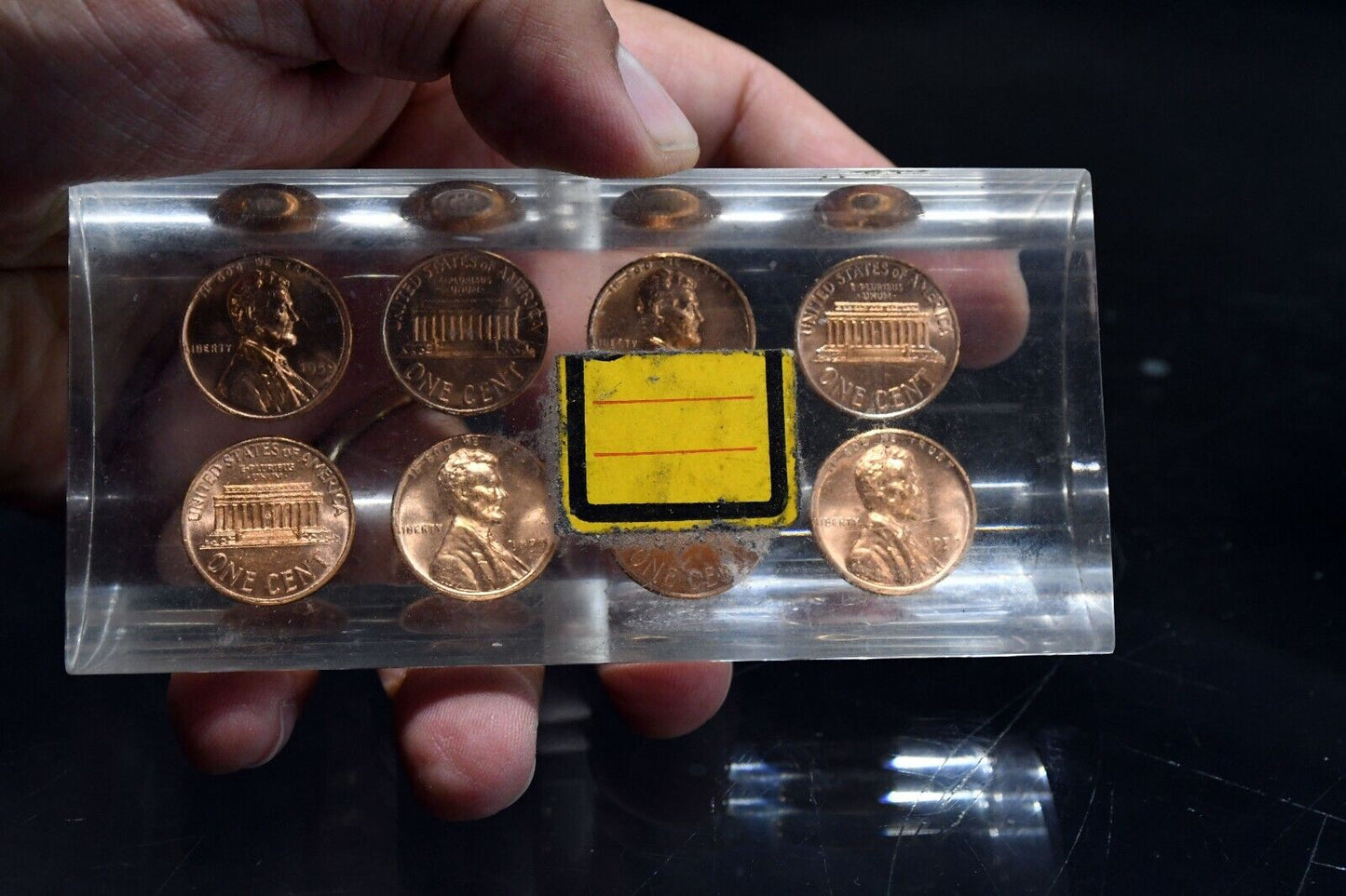 Vintage 1959 Desktop Penny Paperweight Pen Holder in Acrylic 4 1/2"