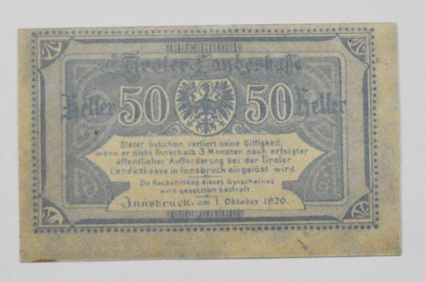 1920 50 Fifty Heller Austria Notgeld Tiroler Landeskasse Uncirculated