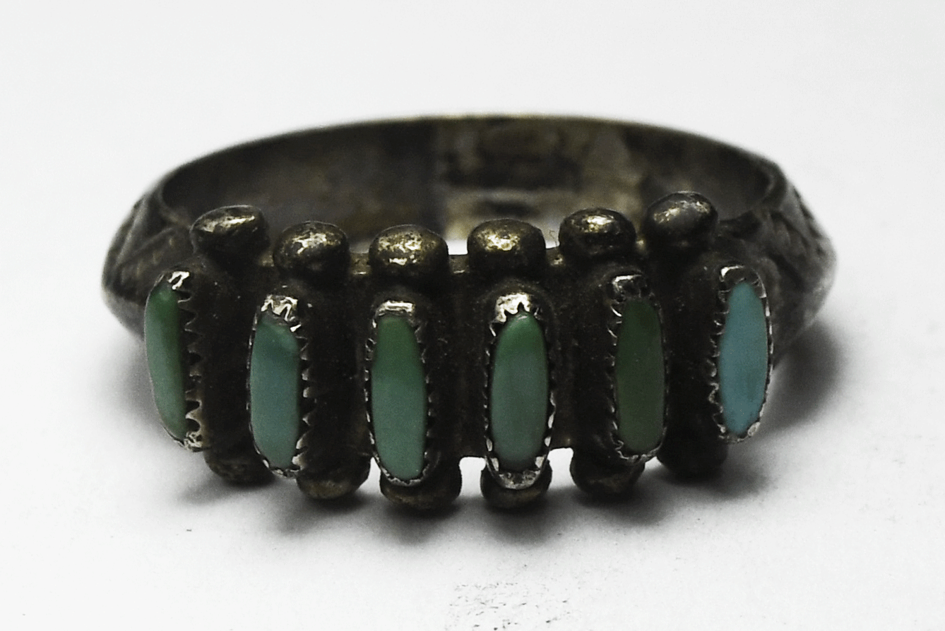 Sterling Silver Six Turquoise Petit Point Rice Micro Inlay Ring 8mm Size 7.5